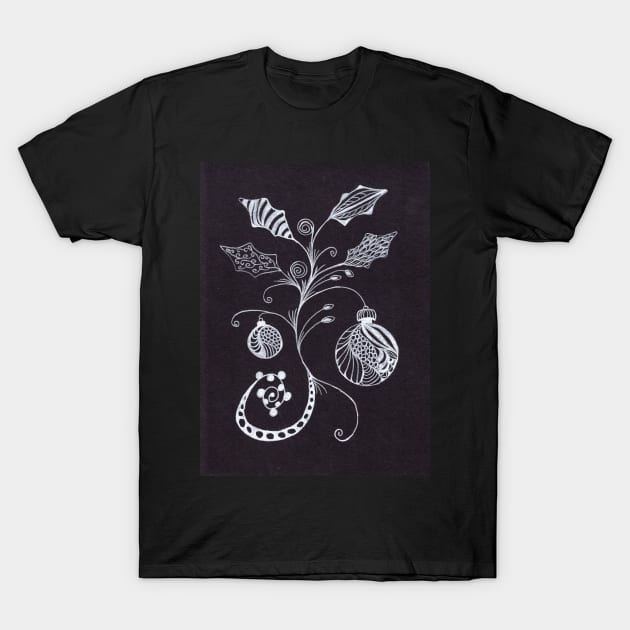 Zentangle Christmas Ornaments with Holly Leaves T-Shirt by ConniSchaf